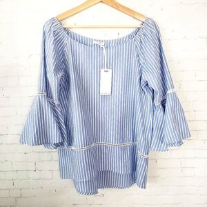 Pleione Off The Shoulder Blue White Striped Top Size S Flutter Bell Sleeve NEW